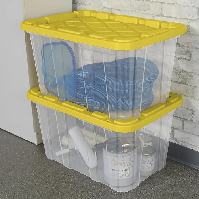 4-Pack 27 Gallon Clear Plastic Storage Bins, Reinforced Snap-Fit Lid, Heavy-Duty Industrial, Stackable, Tie-Down Ready, Dust-Resistant, for Closet, Office, Pantry, Basement & Home Organization