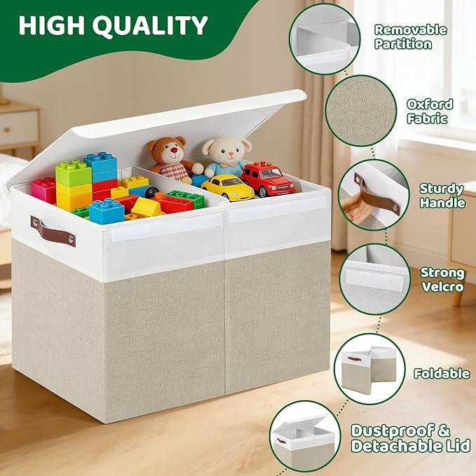 Large Toy Storage Box With Lid, Foldable Toy Storage Box with Handle and Dividers,Toy Storage Chest Suitable for living rooms, studies and bedrooms（24"X13"X16",White & Beige）