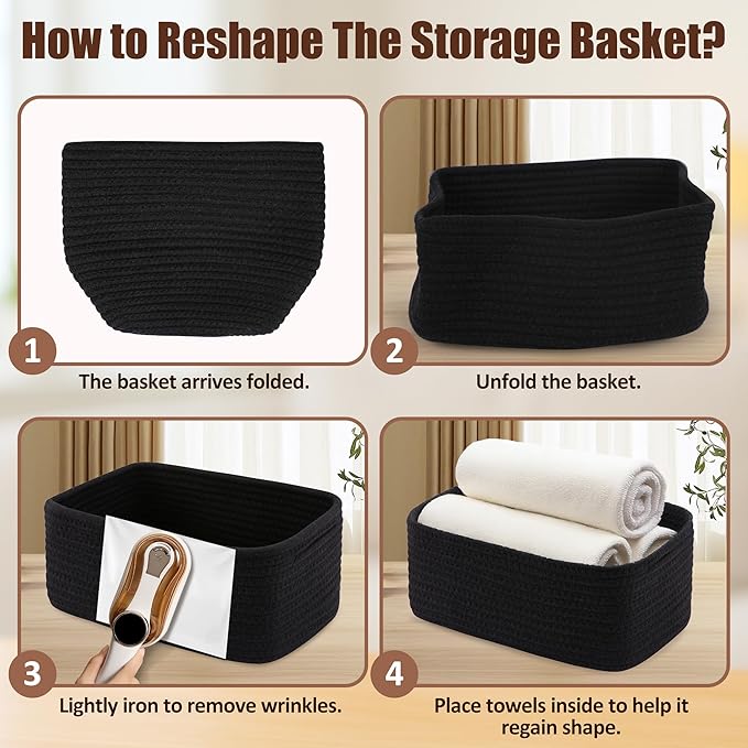 5-Pack Small Woven Rope Storage Baskets – 2 Sizes Organizer Bins for Closet, Shelf, Bookshelf, Nursery, Changing Table, Fabric Cube Boxes, Rectangular Shallow Bins for Bathroom, Toy & Home