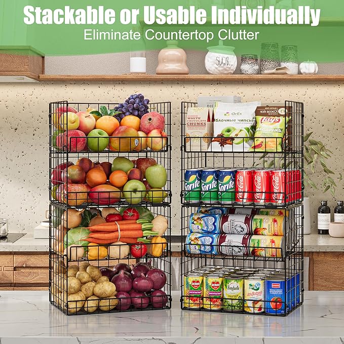 JKsmart 8-Tier Stackable Wire Basket, Can Organizer for Pantry Kitchen, XXL Metal Storage Shelves with Dividers & Handles, Easy Assembly Space Saving Storage Bins for Snacks Fruits Veggies