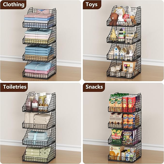 4-Pack Stackable Wire Baskets for Closet Organizers and Storage, Open Storage Bins for Clothes, Toys, and Snacks - Rustic Metal Closet Organizer and Shelves in Black