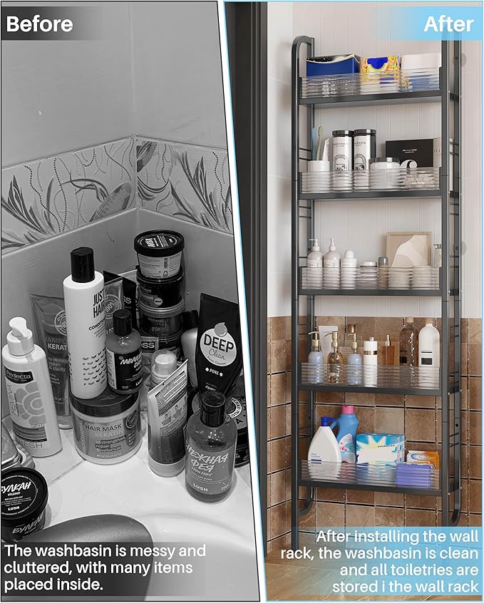 UMDONX Behind The Door Bathroom Shelf Narrow 5-Tier, Slim Space-Saving Storage Shelf, Freestanding Narrow Shelving Unit for Bathroom, Kitchen, Closet and Laundry Room Black