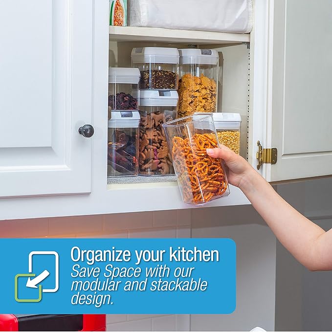 Set of 7 Airtight Food Storage Containers - Pantry Organizer Bins, BPA Free Plastic Containers plus Dry Erase Marker and Labels, White