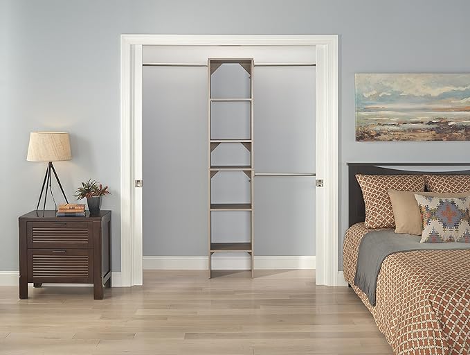 ClosetMaid SuiteSymphony Wood Closet Organizer Starter Kit with Tower and 3 Hang Rods, Shelves, Adjustable, Fits Spaces 4 – 9 ft. Wide, Natural Gray