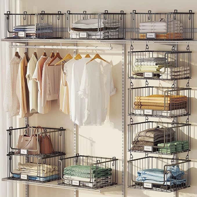 3-Pack Hanging Laundry Organizer, Stackable Wire Shelf Storage with Label Cards, Foldable Metal Baskets with 360°Rotating Hooks,Space-Saving for Laundry Room, Closet & Pantry, 11"×15" Large,Black