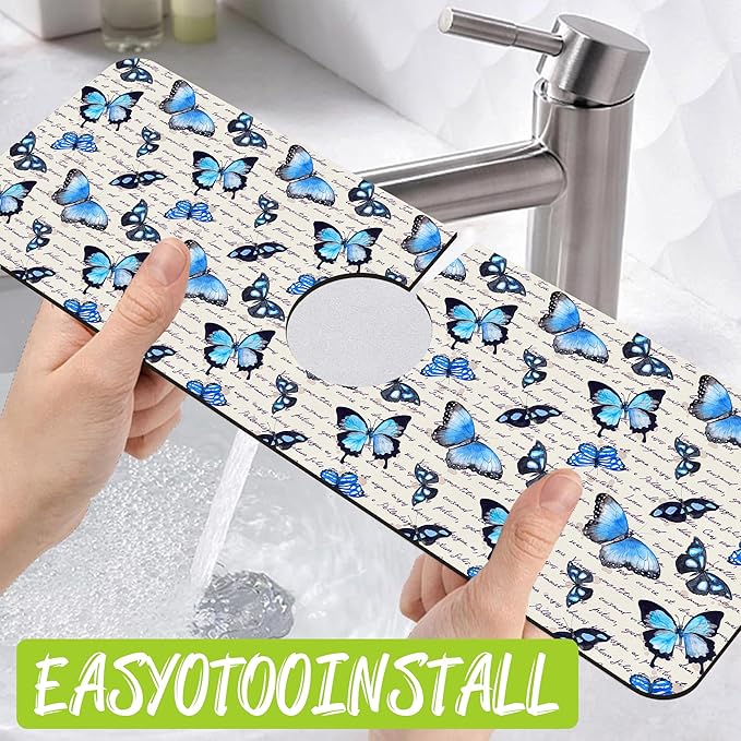 Sink Splash Guard Faucet Mat Watercolor Butterflies Absorbent Fast Drying Mat Sink Gadgets Splash Guard Behind Faucet Drip Catcher for Kitchen Bathroom 15.5"X5.5"