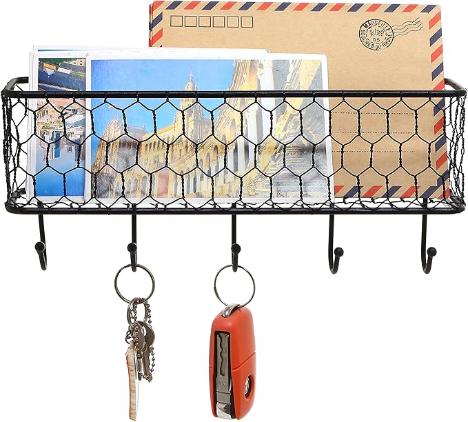 MyGift Wall Mounted Metal Entryway Mail Holder and Key Organizer Rack with 5 Hooks, Decorative Storage Basket and Hanger Hooks for Keys, Lanyard, Keychain, Light Coat