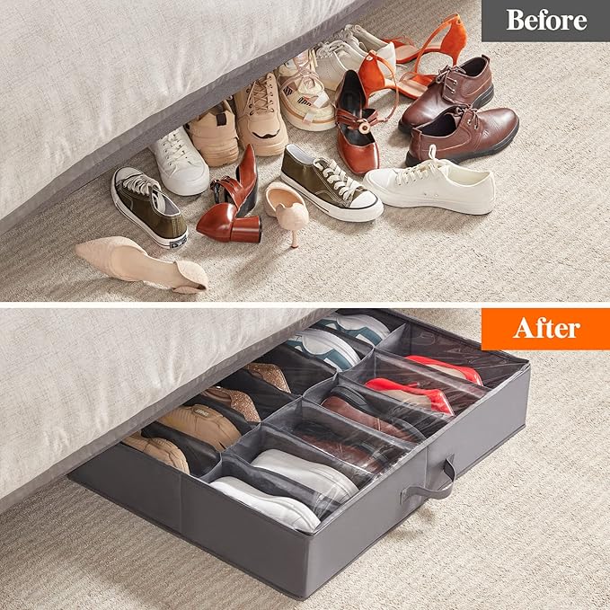 Lifewit Under Bed Shoe Storage Organizer Set of 2, 4.3 Inches Tall Low Profile Fabric Shoes Container Box with Clear Cover, Foldable Storage Bag with 2 Handles, Total Fits 24 Pairs of Shoes, Grey