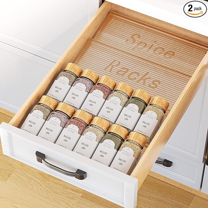 Spice Drawer Organizer, 2 Tier- 2 Pack Amber Acrylic Drawer Seasoning Organizer, Expandable From 11'' to 22'' Kitchen Spice Rack Organizers and Storage for Drawer (Jars not included)