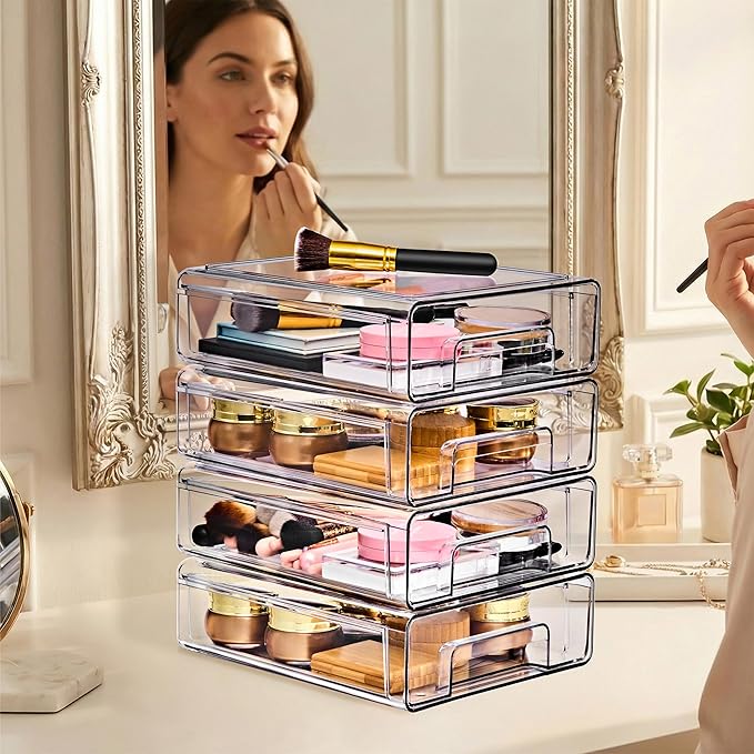 Sorbus Medium Clear Stackable Storage Drawers 4-Pack Plastic Organizer Bins with Handles Pull-Out Drawers for Bathroom Closet, Medicine, Cabinet, Pantry Storage, Baby Bottle Organizer
