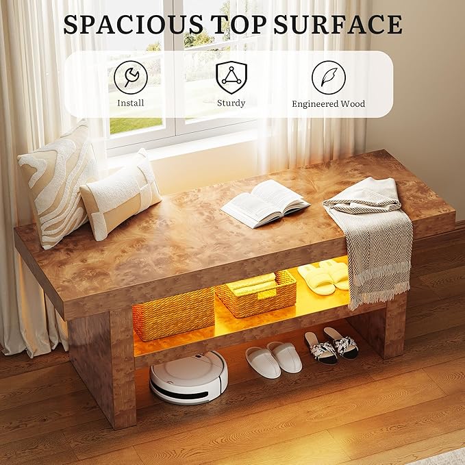DWVO 39.4" Entryway Bench with Motion-Sensing Warm LED Light, 2-Tier Rustic Thick Wood Shoe Storage Bench for Hallway Bedroom Dressing Room or End of Bed, Burl Wood Finish