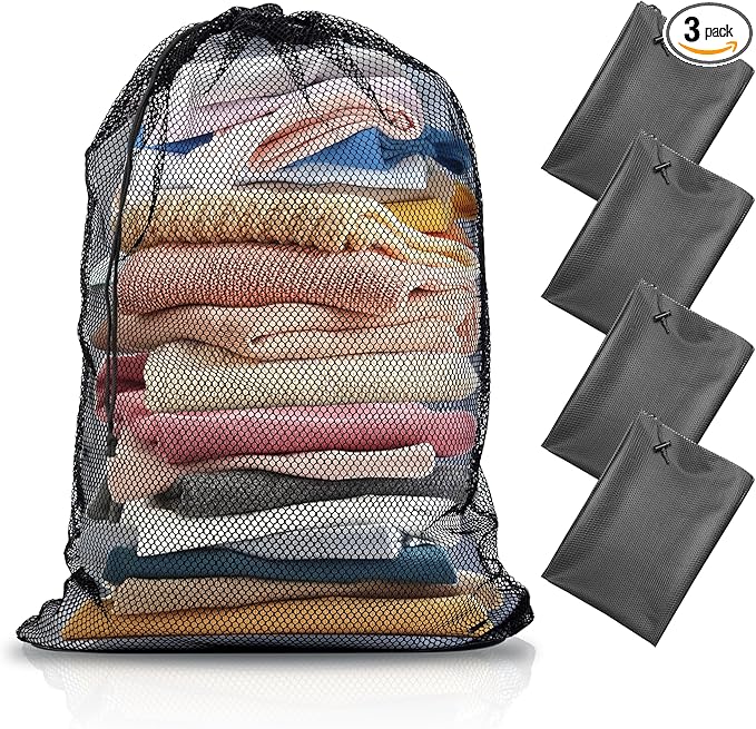 4 Pack Mesh Laundry Bags, 24 x 35 Inches Heavy Duty Mesh Laundry Bag, Large Laundry Drawstring Bag for College, Dorm, Travel, Family and Apartment Dwellers, Black