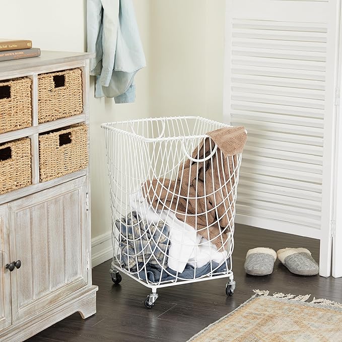 Deco 79 Metal Storage Cart Deep Set Mesh Rolling Laundry Basket , 17" x 17" x 24", White