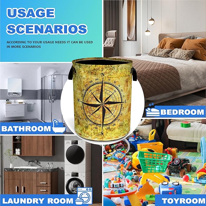 Compass Laundry Basket Oxford Cloth Funny Adventure Laundry Hamper With Handle Foldable Portable Clothes Storage Basket 18.9 X 16.5 In Storage Bag For Laundry Room/Bathroom/Bedroom/Dormitories
