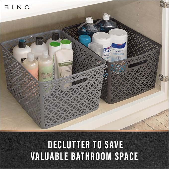 BINO l Plastic Storage Baskets, Medium - White | THE BLOSSOM COLLECTION l Multi-Use Organizer Bin l Built-in Handles l Plastic Woven Basket for Organizing l Pantry & Home Organizing Basket