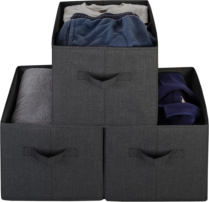 Pomatree Storage Baskets - 4 Pack - Sturdy Large Fabric Bins | Foldable Organizing Basket Bin for Home, Nursery, Closet & Shelves Organization | Storage Basket Cube Shelf Organizer (Black)