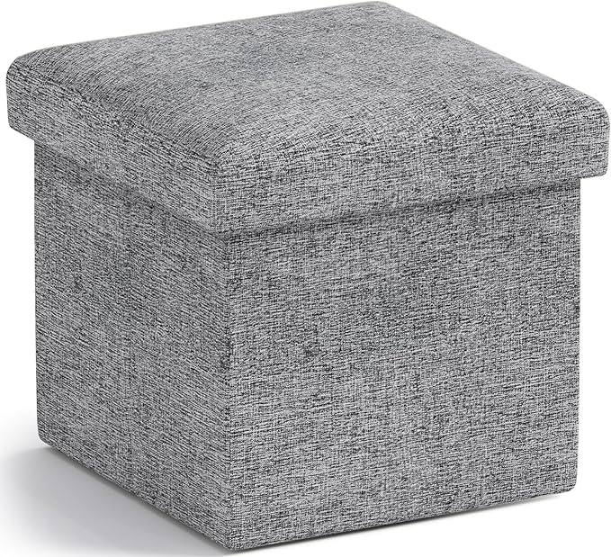 Ornavo Home Small Storage Ottoman Foldable Collapsible Cube Square Linen Ottoman Foot Rest Stool Seat, for Living Room, Bedroom, Home Office, Dorm - 12 x 12 x 12, Gray