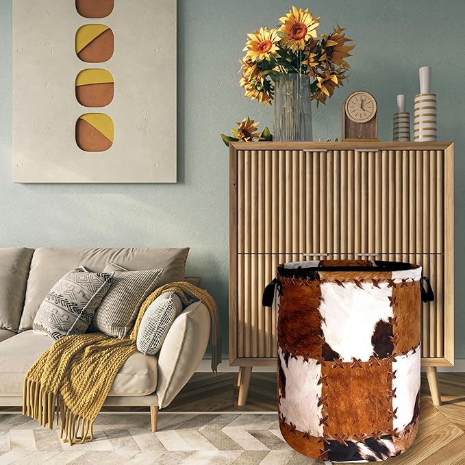 Retro Cows Print Laundry Basket Cow Cowhide Brown Funny Laundry Hamper Foldable Oxford Cloth Animal Tote Bag Clothe Toy Storage Bucket 18.9"x16.5"For Bathroom/Laundry Storage/Bedroom