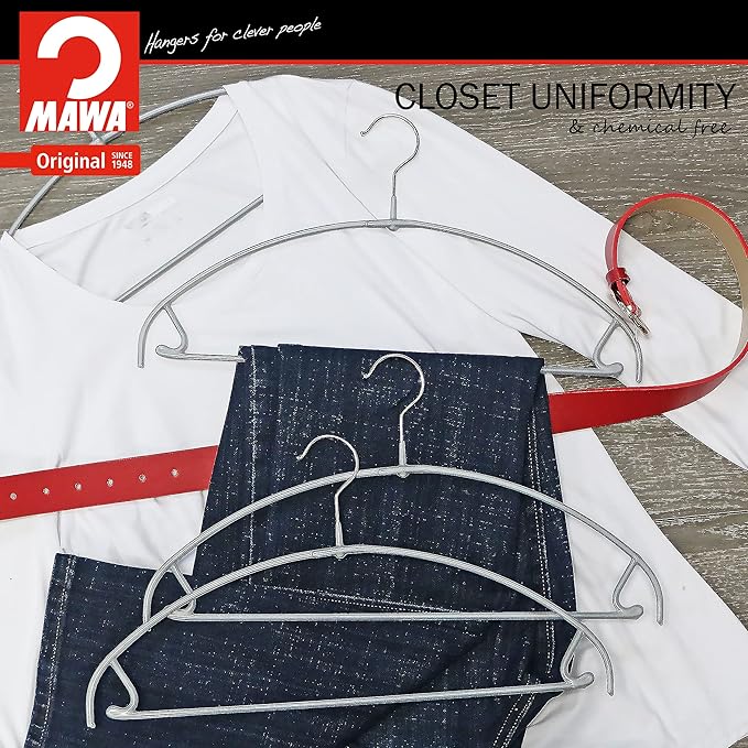 Mawa by Reston Lloyd Euro Ultra Light/Thin Series, Non-Slip Space Saving Clothes Hanger with Bar & Hook for Pants and Skirts, Style 42/PTU, Set of 130, Silver