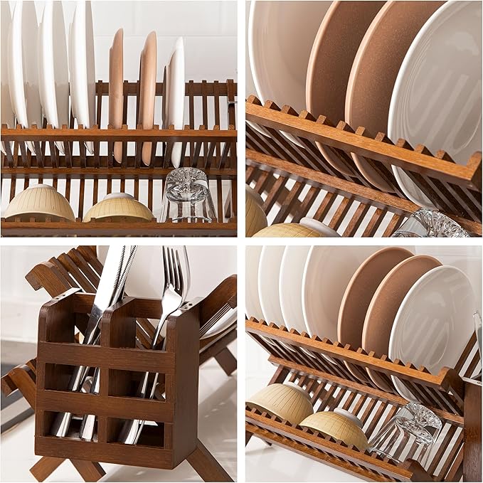 HBlife Dish Rack,Teak Folding 2-Tier Collapsible Drainer Dish Drying Rack with Utensils Flatware Holder Set