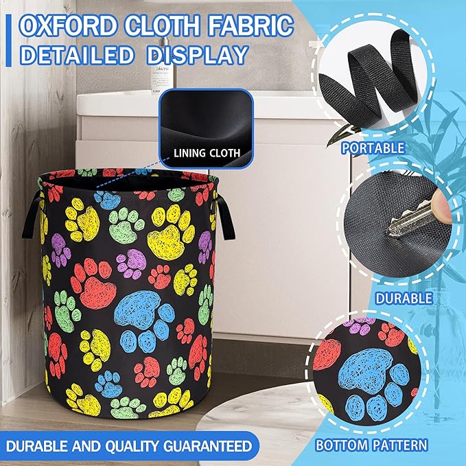 Dog Cat Paw Prints Laundry Basket Oxford Cloth Animal Laundry Hamper With Handle Foldable Portable Clothes Storage Basket 18.9 X 16.5 Inch Storage Bag For Laundry Room/Bathroom/Bedroom/Dormitories