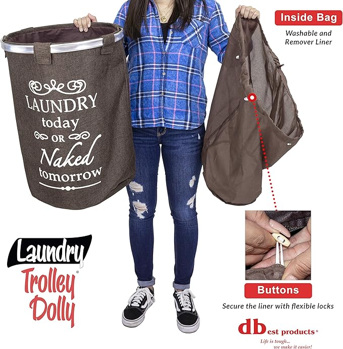 dbest products Laundry Trolley Dolly, Brown Laundry Bag Hamper Basket cart with wheels sorter