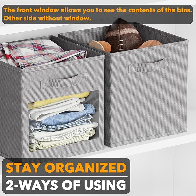 SpaceAid Storage Cubes with Clear Windows, Set of 6 Fabric Bins, 11 Inch Foldable Baskets Boxes for Closet, Cubby Shelf or Cube Storage Organizer, Grey