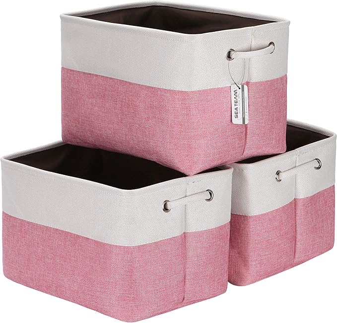 Sea Team 3-Pack Large Storage Basket Set, Trunk Organizer, Clothes Toys Bin, 15 x 10 x 10 Inches, Big Rectangular Canvas Fabric Collapsible Shelf Box with Handles for Kids Room (Pink/White)