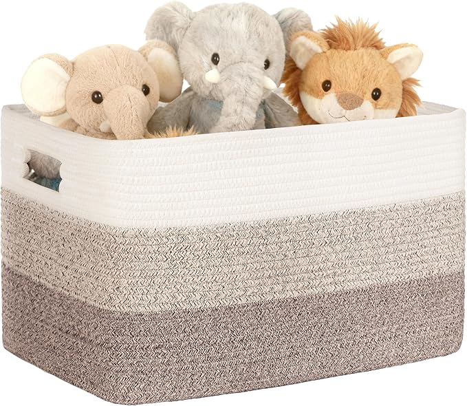 45L Small Laundry Basket with Leather Handles for Living Room Storage, Woven Rope Baskets Bin for Blanket, Kids Toy, Gifts, Wicker Hamper for Bedroom Dirty Clothes, 18"x14"x11" Gradient Brown