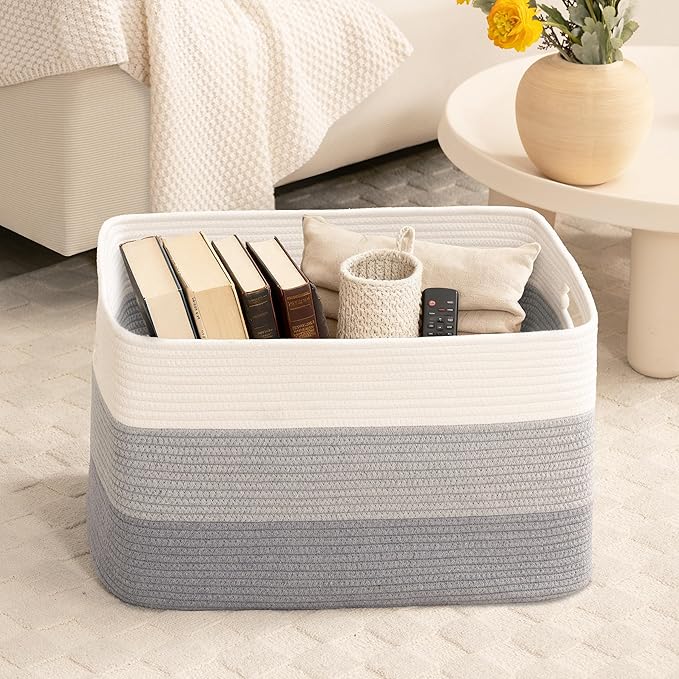 60L Laundry Basket with Leather Handles for Living Room Storage, Woven Rope Baskets Bin for Blanket, Kids Toy, Gifts, Wicker Hamper for Bedroom Dirty Clothes, Gradient Grey