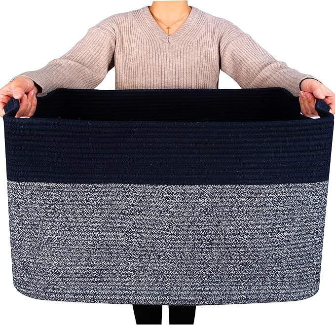 MINTWOOD Design 22in Extra Large Blanket Basket Holder for Living Room, Rectangle Rope Woven Storage Bin with Handles for Laundry, Pool Towels, and Shoes, Dog Toy Box Organizer, Navy Blue