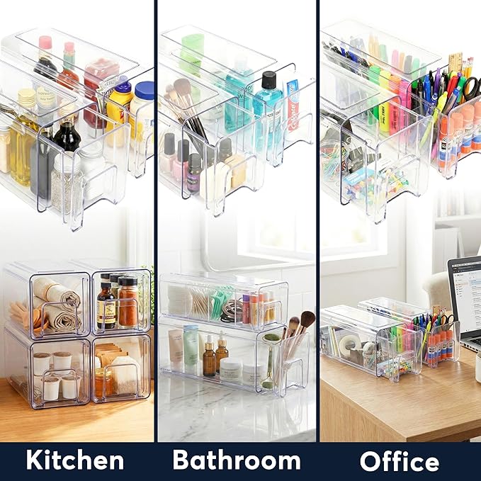 Sorbus Medium Clear Stackable Storage Drawers 4-Pack Plastic Organizer Bins with Handles Pull-Out Drawers for Bathroom Closet, Medicine, Cabinet, Pantry Storage, Baby Bottle Organizer