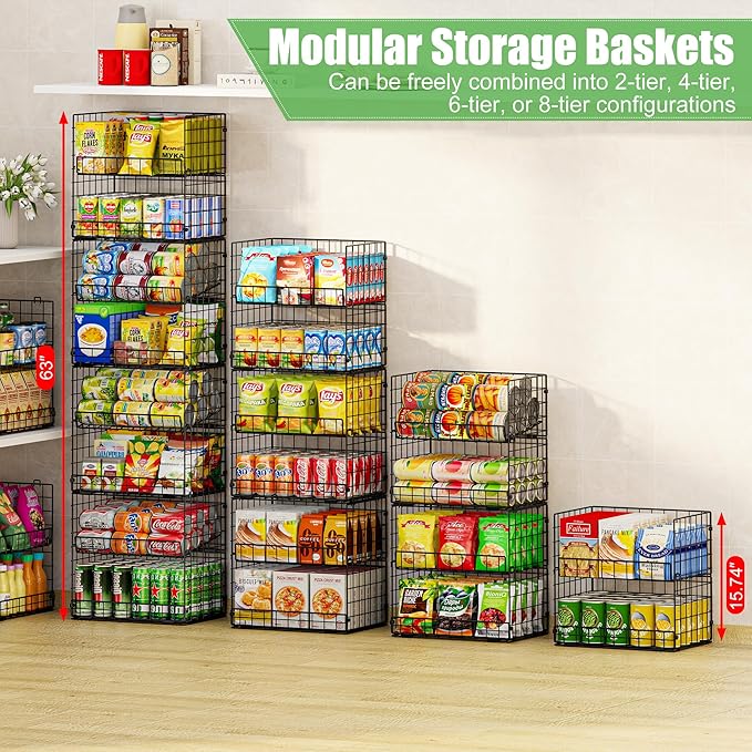 JKsmart 8-Tier Stackable Wire Basket, Can Organizer for Pantry Kitchen, XXL Metal Storage Shelves with Dividers & Handles, Easy Assembly Space Saving Storage Bins for Snacks Fruits Veggies