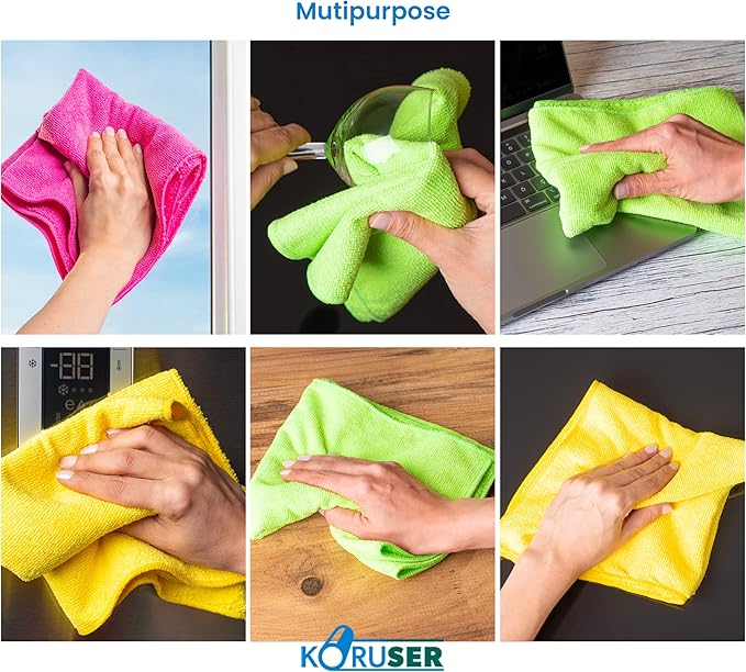 KORUSER Microfiber Cleaning Cloths - Reusable and Washable - Multi Purpose Indoor/Outdoor Cleaning/Dusting/Polishing on Kitchen/Bathroom/Auto Surfaces (12 Pack/High Grammage)