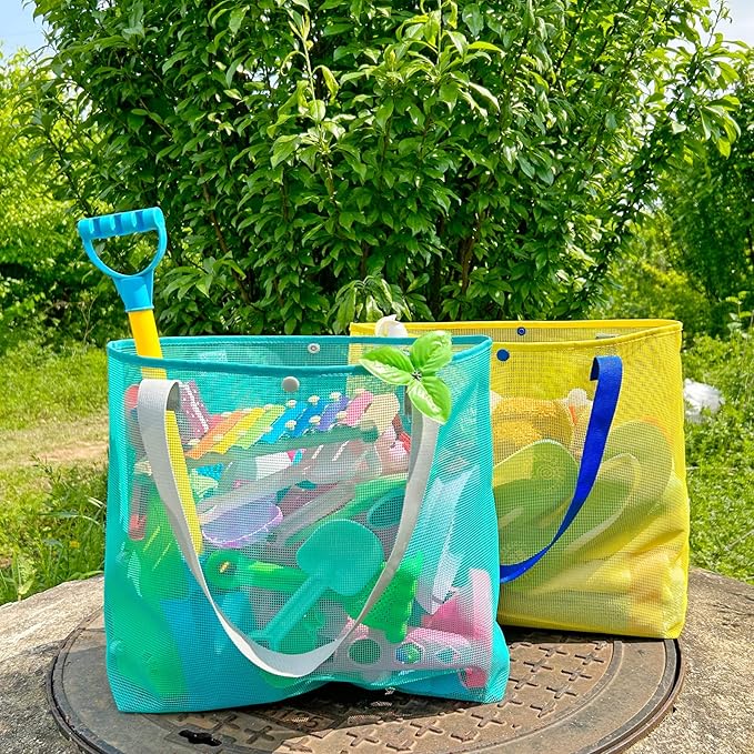 2Pack Large lightweight Simple Mesh Beach Tote Bag With snap Button Reusable Pool Bag for Outdoor Travel Shopping Gym