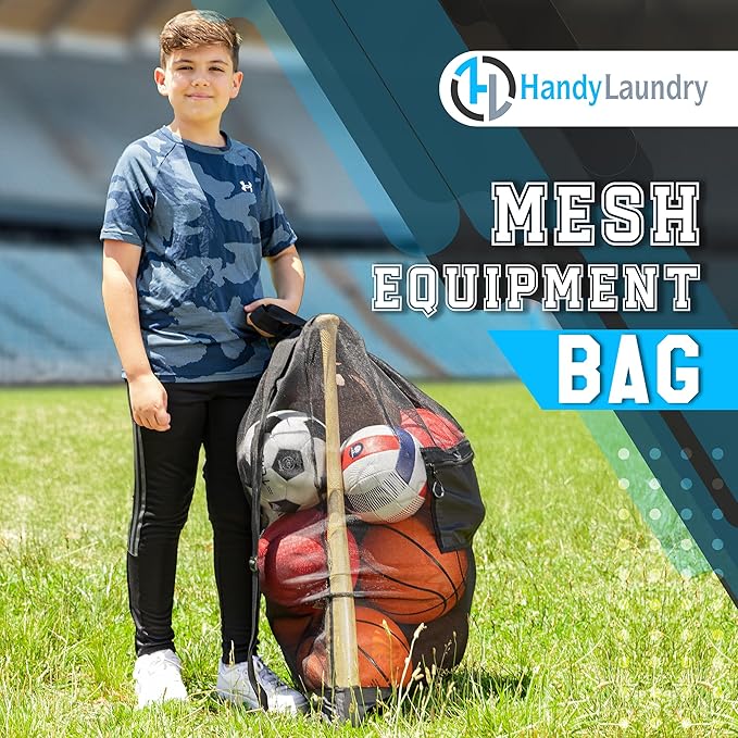 Handy Laundry Mesh Ball Bag - Up to 15 Balls Large Capacity Sports Equipment Bag Carrier with Adjustable Strap and Drawstring Closure - For Soccer, Basketball, Volleyball
