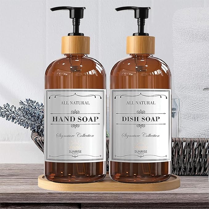 16 OZ Thick Amber Glass Soap Dispenser, Bamboo Pump with Tray 2 Pack, Hand and Dish Soap Dispenser Set for Bathroom with 6 Waterproof Labels