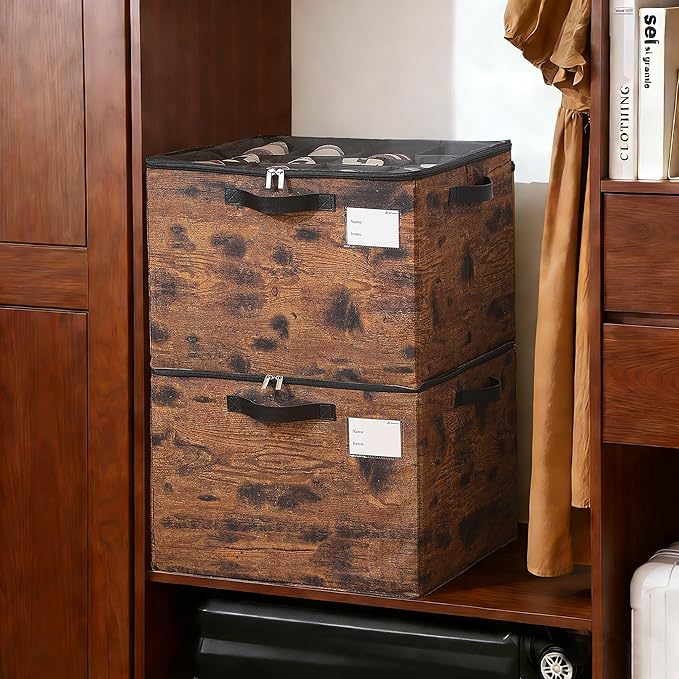 Varhomax Shoe Organizer Box for Closet, Fabric Shoe Storage Bin with Adjustable Dividers & Clear Cover, Holds up 16-32 Pairs of Sneakers & Sandals for Entryway, Cubby (Rust Brown)