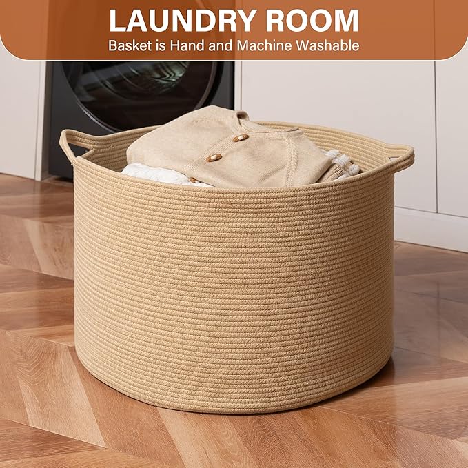 Foldable Laundry Hamper Basket with Collapsible Handle Cotton Rope Soft Woven Fabric Storage Organizer Clothes Toys Nursery Bedroom Dorm Space Saving Bin (Camel, 115L(23.6"D x 15.7"H))