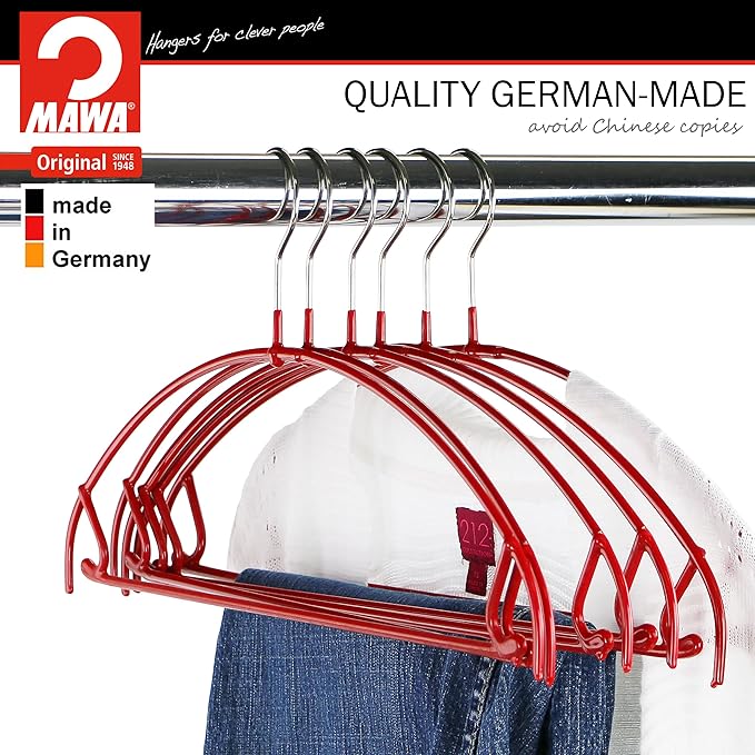Mawa by Reston Lloyd Euro Ultra Light/Thin Series, Non-Slip Space Saving Clothes Hanger with Bar & Hook for Pants and Skirts, Style 42/PTU, Set of 130, Red