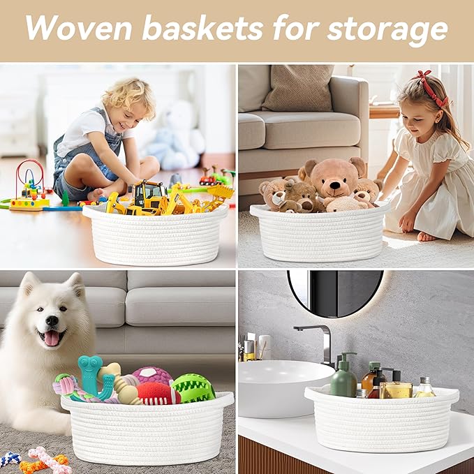 Pro Goleem Small Woven Burr Basket with Gift Bags and Ribbons Durable Baskets for Valentines Day Gifts Empty Small Rope Basket for Storage 12"X 8" X 5" Baby Toy Baskets with Handles, White