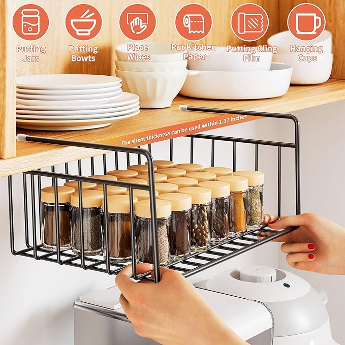 SUFAUY 4-Pack Under Cabinet Shelf Basket, Wire Shelves for Storage Holds up to 22lbs for Kitchen Pantry, Black