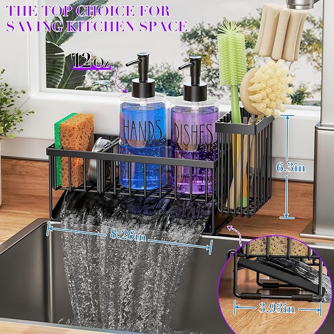 MASADI Kitchen Dish Soap Dispenser Set with Sponge Holder, 12OZ Glass Bottle, Hand and Dish Soap Dispenser Set, Non-Slip Silicone Pad, Brush Holder, Kitchen Sink Organizer Countertop (Black+Clear)