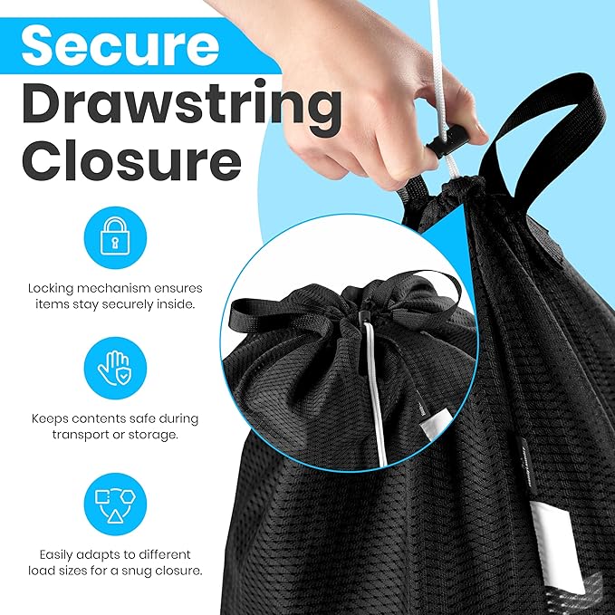 Large Mesh Laundry Bags - Heavy Duty with Handles & Drawstring - Machine Washable Net Laundry Sacks for College Dorm, Camp, Travel, Bedding & Clothes Storage (Black)
