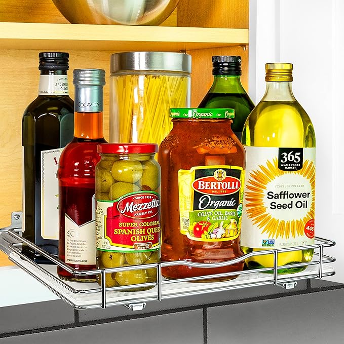 LYNK PROFESSIONAL® Pull Out Spice Rack Organizer for Inside Kitchen Cabinets - 12-3/8 inch Wide - Slide Out Drawer – Chrome Sliding Spice Organization for cabinet - Spice Racks - 1 Tier