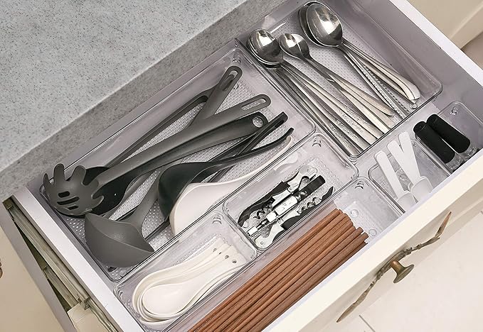 ihomecooker 5 Pack Clear Plastic Drawer Organizer Tray Cutlery Utensil Makeups Drawer Silverware Organizers 12" X 6"