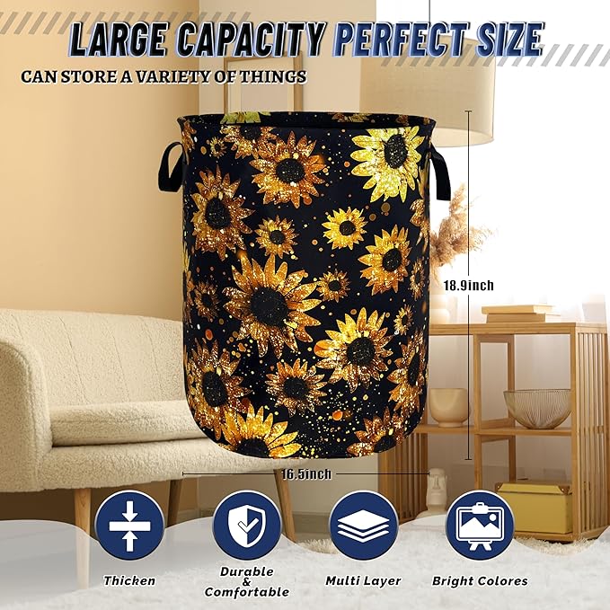 Beautiful Sunflower Laundry Basket Foldable Oxford Cloth Yellow Floral Laundry Hamper With Handle Portable Clothes Storage Organizer Basket 18.9"x16.5" Storage Bag For Laundry Room/Bathroom/Bedroom