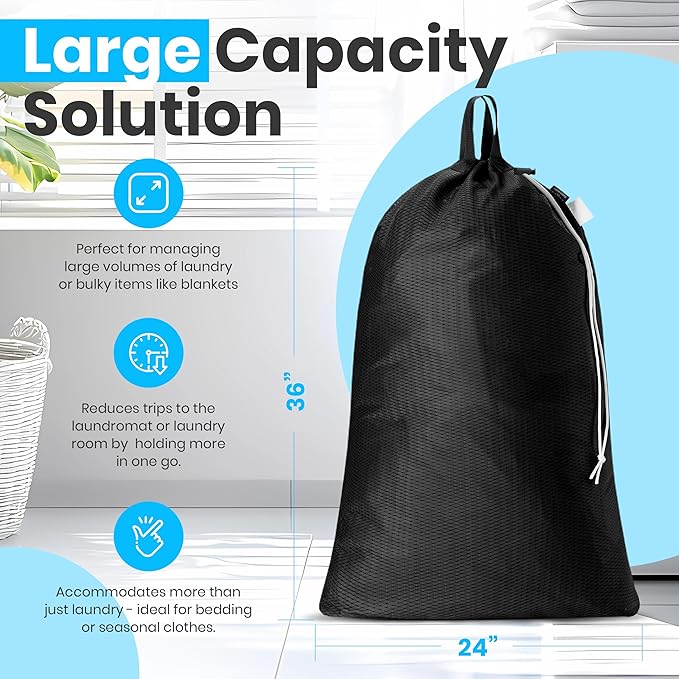 Large Mesh Laundry Bags - Heavy Duty with Handles & Drawstring - Machine Washable Net Laundry Sacks for College Dorm, Camp, Travel, Bedding & Clothes Storage (Black)