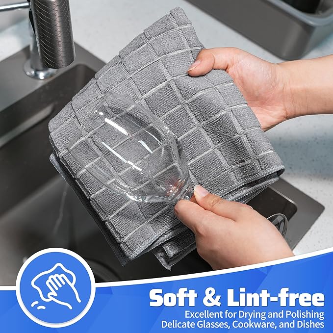 HOMERHYME Kitchen Towels, 8 Pack Microfiber Cleaning Cloth, 25'' x 15'' Dish Towels, 270 GSM Checkered All-Purpose Reusable Lint Free & Absorbent Hand Towels for Kitchen Home Tea Bar Shop