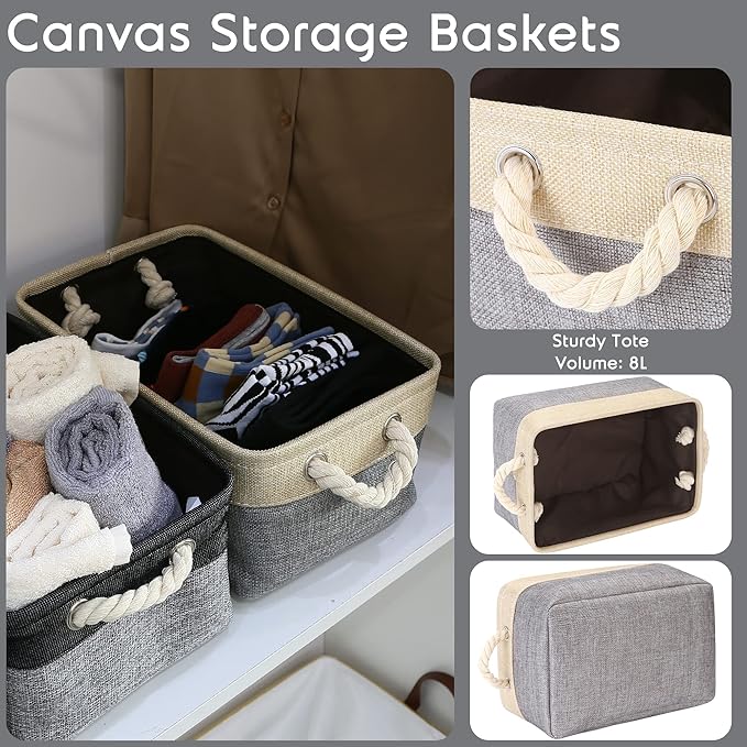 Sea Team 3-Pack Small Storage Basket Set, Storage Cube Organizer, Storage Bins, 12 x 8 x 5 Inches, Rectangle Canvas Fabric Collapsible Shelf Box with Handles for Kids Room (Grey/Beige)